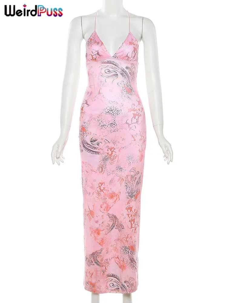 Chic Butterfly Women Maxi Dress - Weird Puss Print Backless Spaghetti Straps V Neck Halter Bodycon - Hot Girls Club Party Vestidos