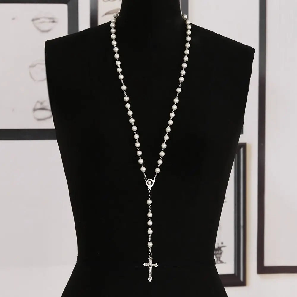 Vintage Crucifix Cross Necklace – Jesus Rosary Beads Chain with Virgin Mary Pendant Religious Jewelry Charm for Men & Women