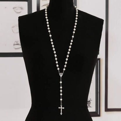 Vintage Crucifix Cross Necklace – Jesus Rosary Beads Chain with Virgin Mary Pendant Religious Jewelry Charm for Men & Women