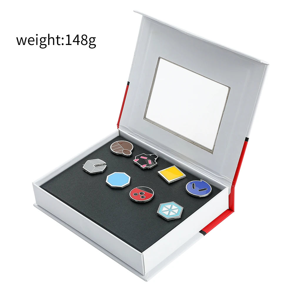 Pokemon Gym Badges Pin Set — Kanto, Johto, Hoenn, Sinnoh, Unova, Kalos & Orange Islands League Brooches with Box, Pocket Monster Collection