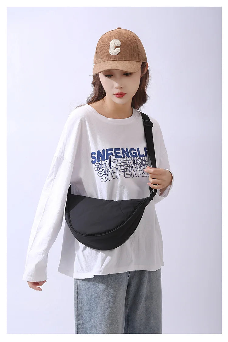 Solid Color Women's Portable Shoulder Bag – Simple Nylon Cloth Padded Crossbody Travel Purse & Messenger Bag