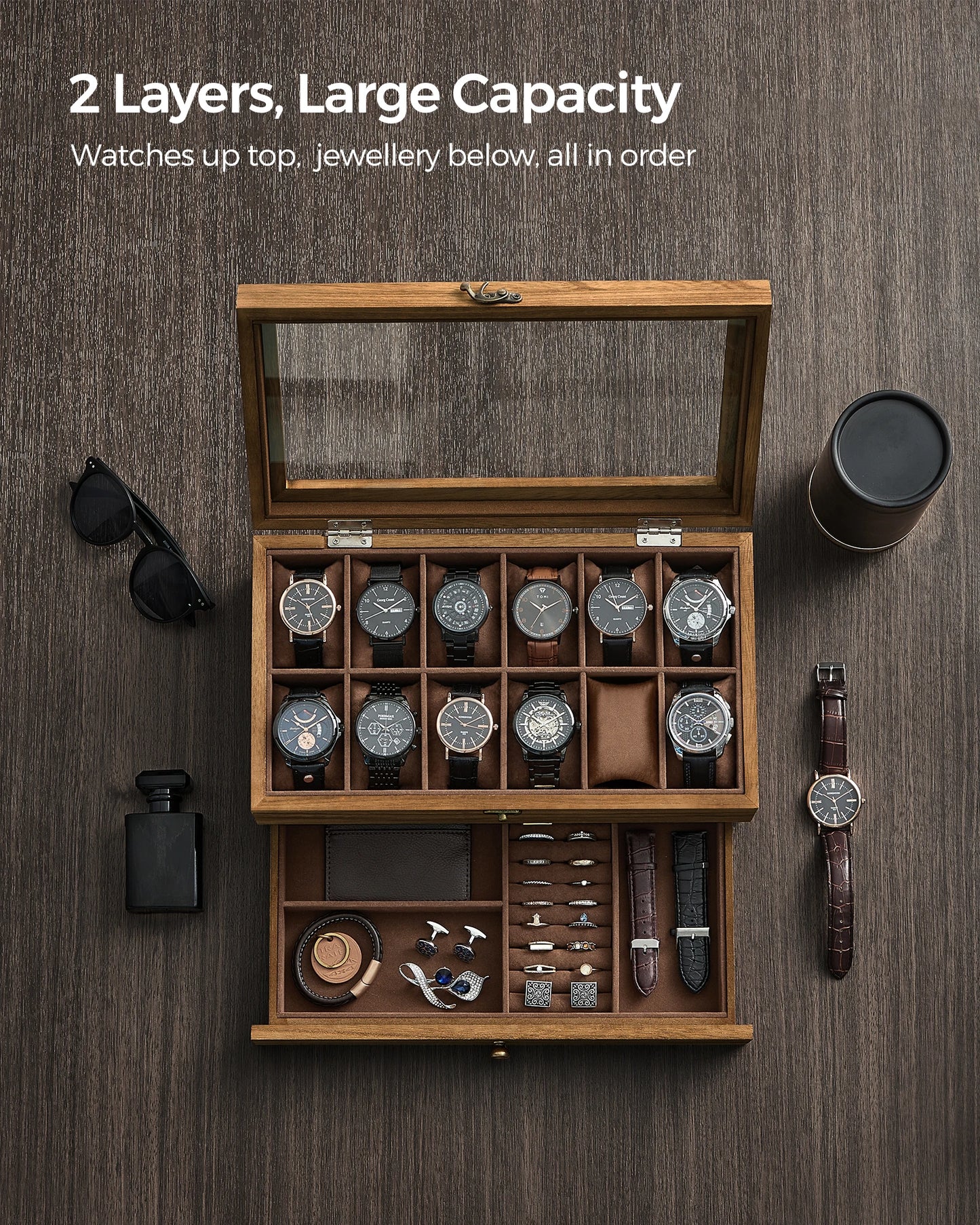 SONGMICS 12-Slot Watch Box – 2-Tier Watch Display Case with Glass Lid, Removable Pillows & Velvet Lining Jewelry Organizer