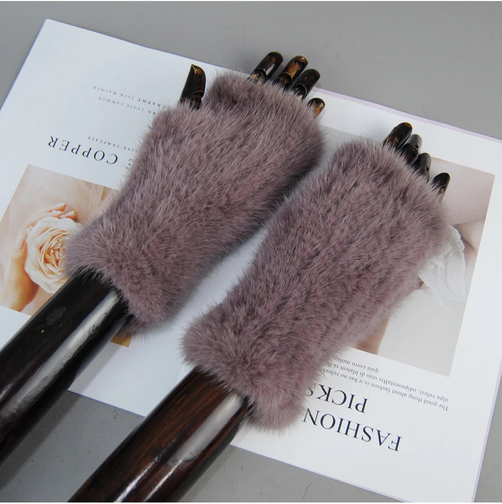 Women’s Winter Mink Fur Gloves – 100% Natural Fingerless Knitted Mittens for Warmth
