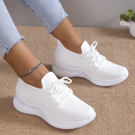 Women’s Fashion Lace-Up Mesh Sneakers – Breathable Outdoor Walking Shoes with Non-Slip Thick Sole, Round Toe, White Tennis Shoes