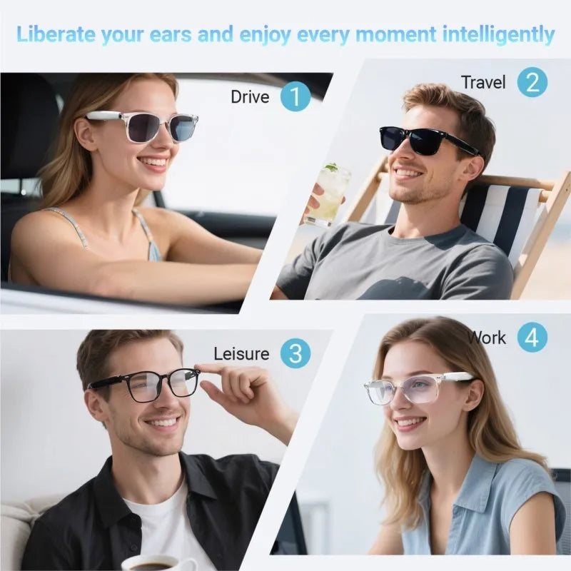 Smart Glasses with AI Translation – Supports 100+ Languages, Bluetooth TWS, Calls, Music, Noise Reduction & Light Control for Men & Women