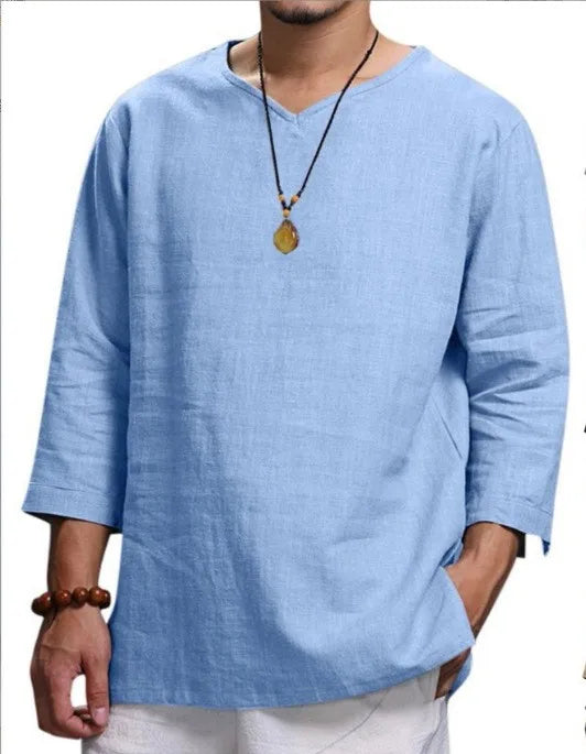Men’s 3/4 Sleeve Casual Shirt - Loose Fit Solid Color Pullover Top