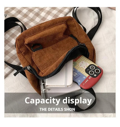 Women's Mini Backpack - Fashionable Solid Color Corduroy Casual Schoolbag with Large Capacity