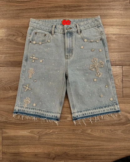 Y2K Gothic Rhinestone Denim Shorts — Diamond Cross Embroidered Hip Hop Jorts for Men & Women