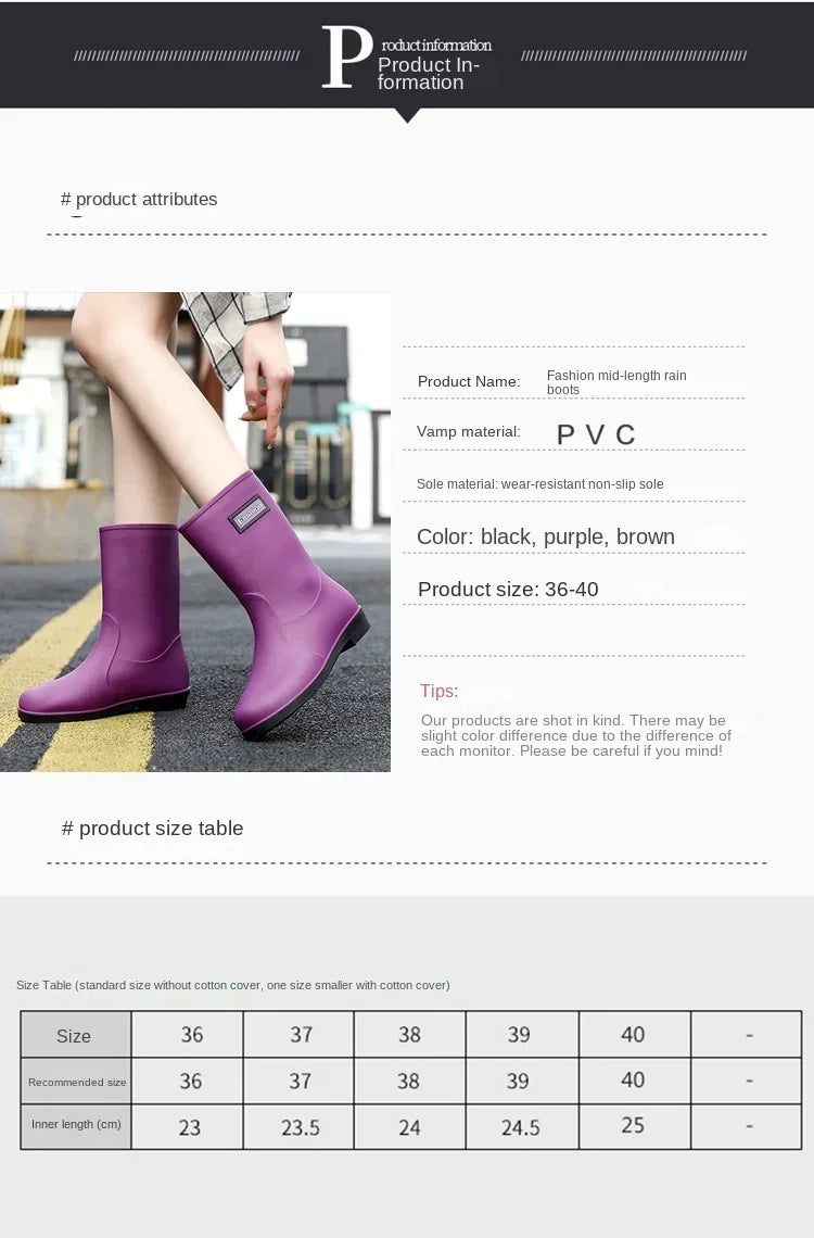 Women’s Four-Season Waterproof Rain Boots – Mid-Tube Non-Slip Rubber Shoes with Cotton Lining for Outdoor Fashion