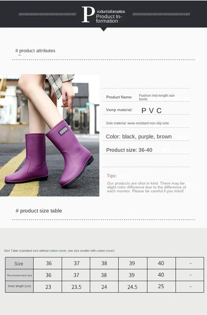 Women’s Four-Season Waterproof Rain Boots – Mid-Tube Non-Slip Rubber Shoes with Cotton Lining for Outdoor Fashion