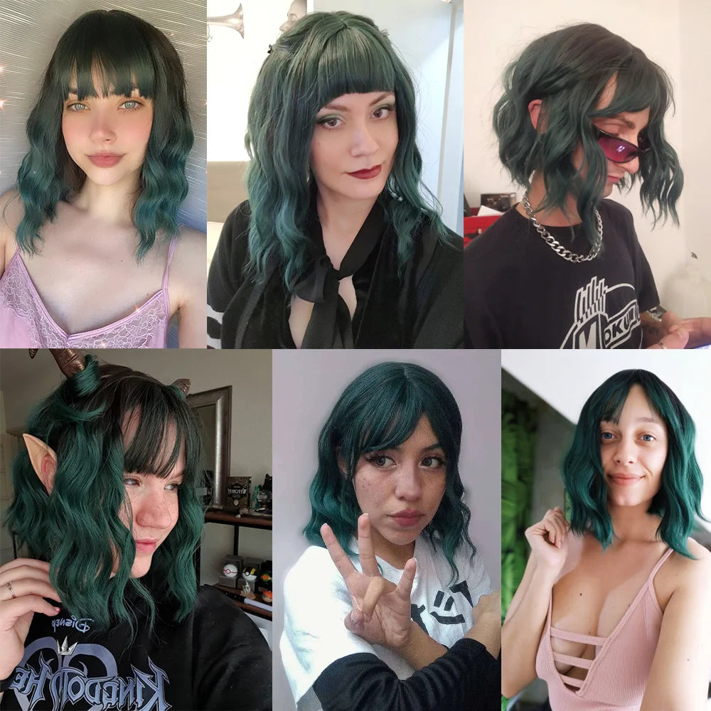 Short Wavy Green Synthetic Wig for Women – Green Cosplay Bob Wig with Bangs, Lolita Party Hair, Heat-Resistant Natural Fake Hair