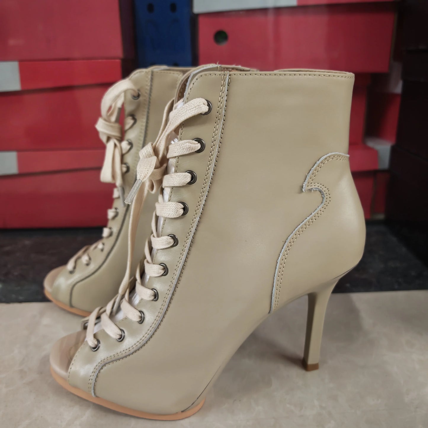 Women’s Genuine Leather Dance Boots - European Style Open Toe Thin High Heel Jazz Dance Shoes