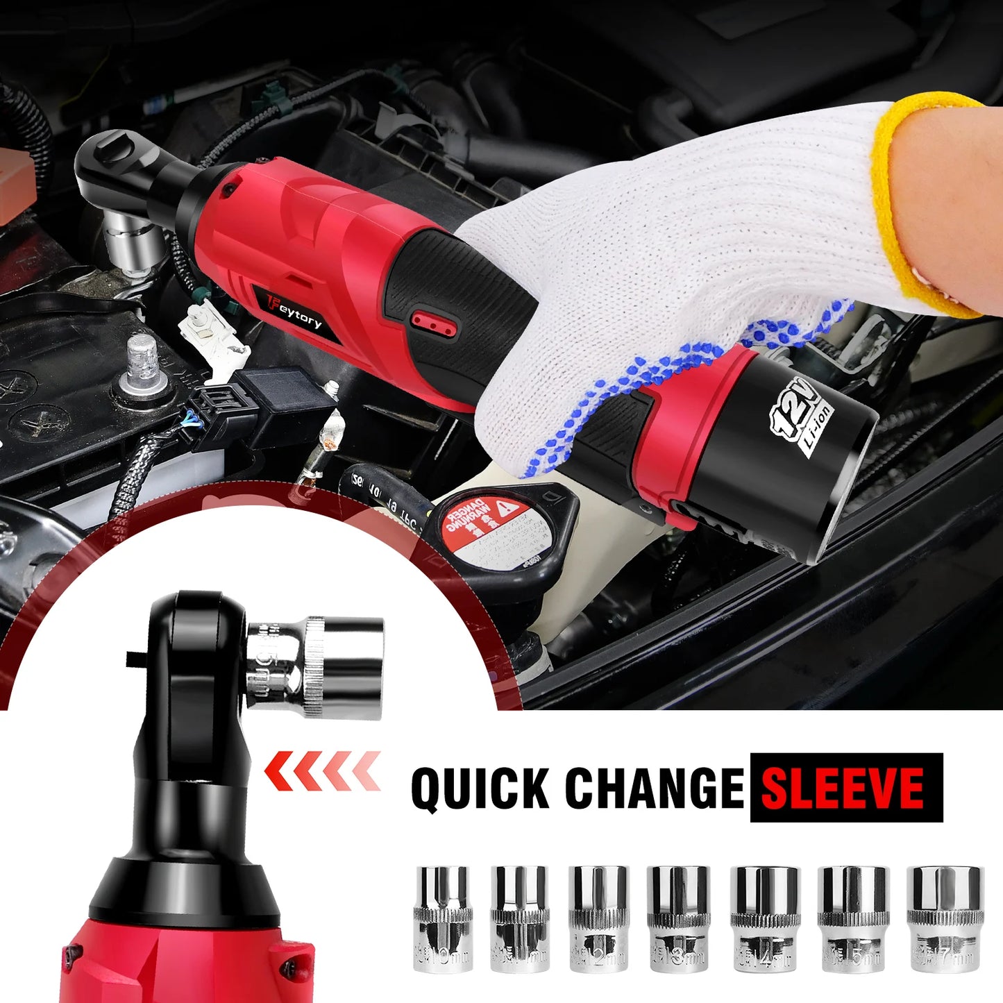 DayPlus 200NM 3/8" Cordless Electric Ratchet Wrench | 90° Angle 12V Power Tool with 2 Batteries, Charger & 7 Sockets