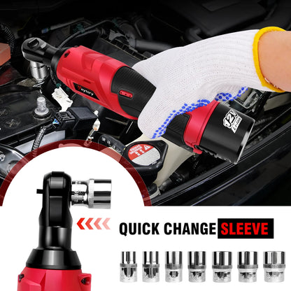DayPlus 200NM 3/8" Cordless Electric Ratchet Wrench | 90° Angle 12V Power Tool with 2 Batteries, Charger & 7 Sockets