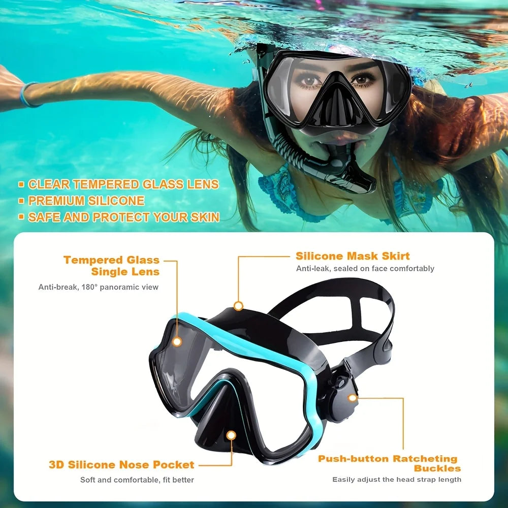 Tempered Glass Diving Mask & Snorkel Set - Panoramic Adult Scuba & Swimming Snorkeling Gear