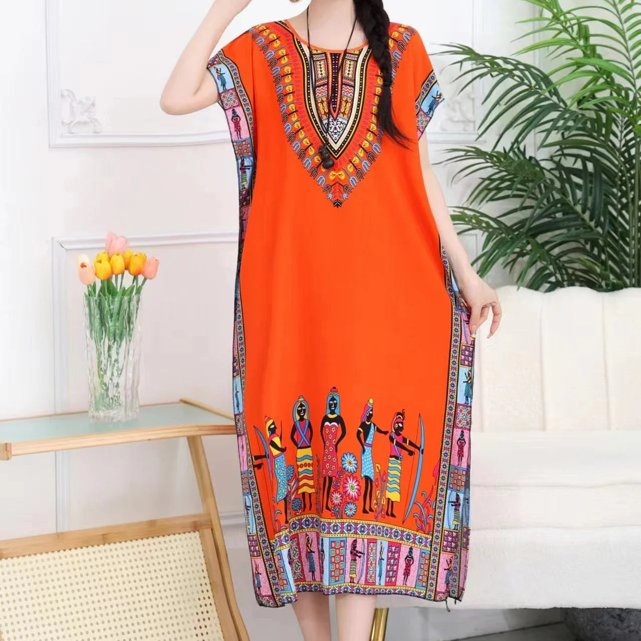Women’s Bohemian Floral Tunic Dress - Retro Ethnic Print Batwing Sleeve Loose Summer Maternity Streetwear