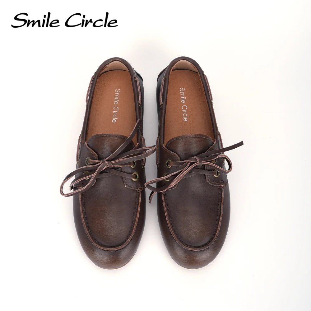 Smile Circle Women’s Genuine Leather Boat Shoes – Lace-Up Moccasins, Flat Casual Loafers