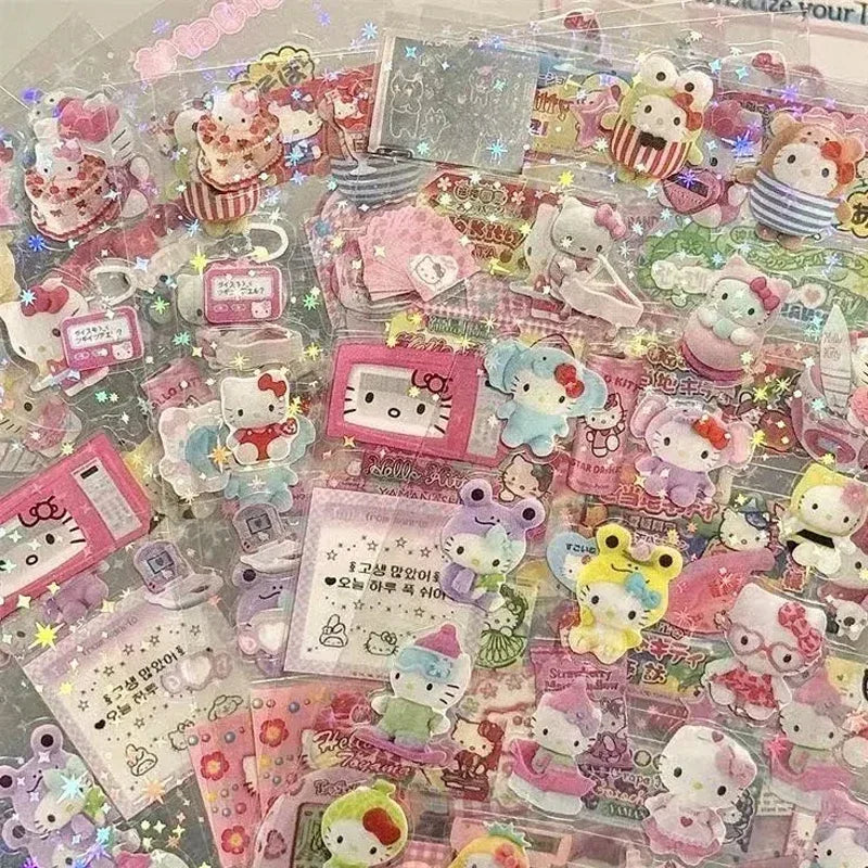 Cute Cartoon Character Sticker Sheets - Hello Kitty & Rilakkuma Die-Cut Laser Stickers for DIY Crafts & Kids Fun