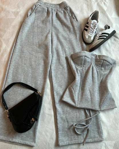 Y2K Light Gray Two-Piece Pants Set — Women’s Harajuku Goth Slim Tube Top & High-Waist Sweatpants