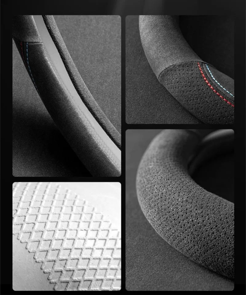 Universal Cowhide Suede Steering Wheel Cover — Breathable 37-38cm Car Steering Wheel Wrap Accessories