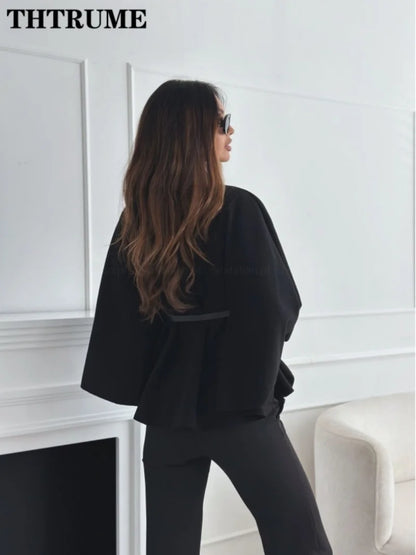 Elegant Autumn Solid Jacket for Women – Single-Breasted Batwing Sleeve, Loose Casual Coat for Office & Chic Look