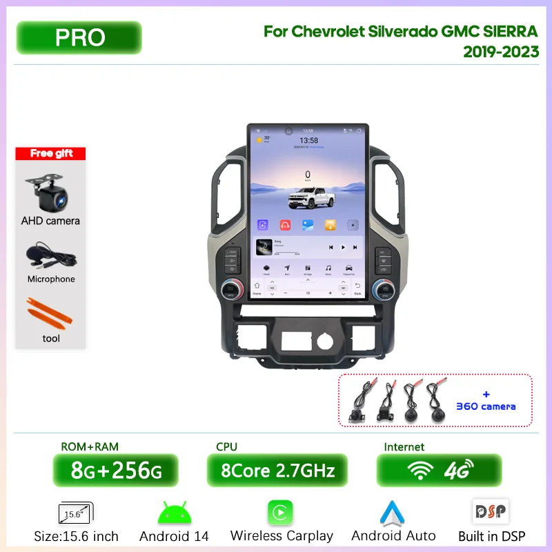 15.6" Car Multimedia Player - GPS Navigation, CarPlay, Android Auto, 4G & WiFi for Chevrolet Silverado & GMC Sierra 2019-2023