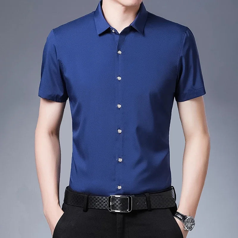 Men's Business Casual Short Sleeve Shirt - Solid Color Non-Iron Comfort Shirt
