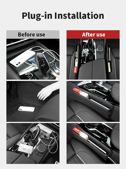 Leather Car Seat Gap Organizer – Multifunction Console Crevice Filler, Side Storage Box with Cup Holder, Car Interior Storage Pocket