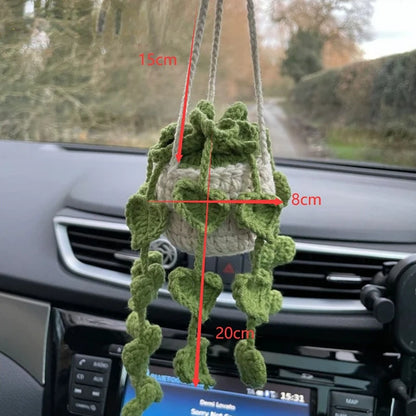 Cute Crochet Potted Plants Car Basket – Hanging Car Decor & Rear View Mirror Ornament Accessories