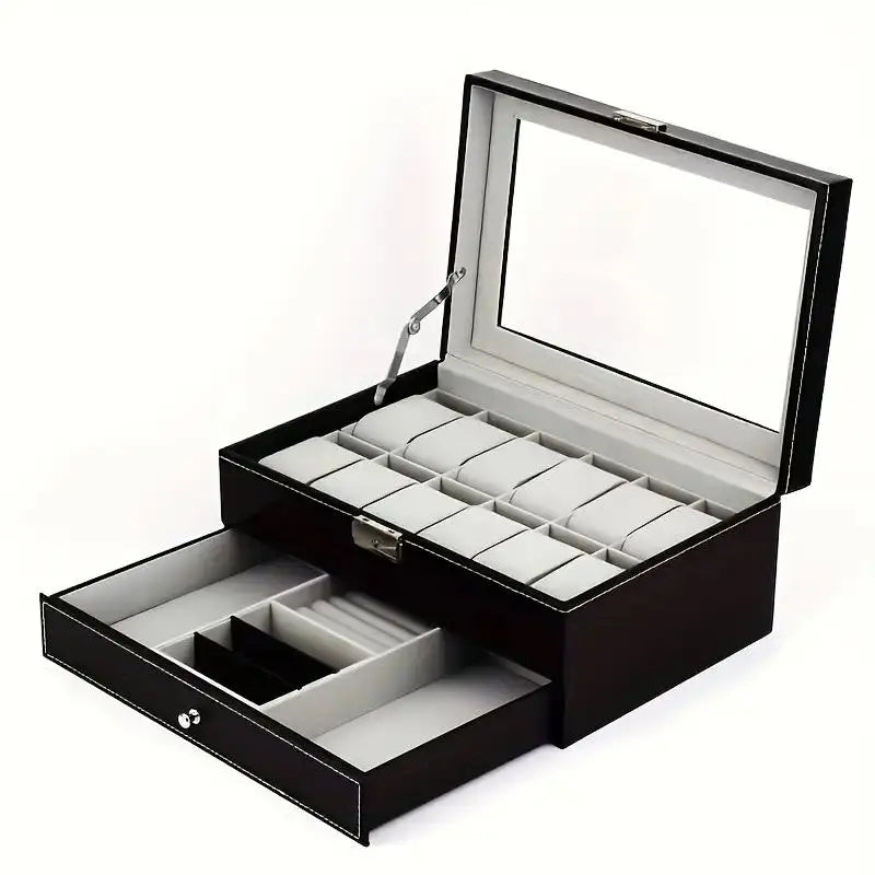 PU Leather Jewelry & Watch Organizer Box — Storage Case for Rings, Earrings, Bracelets, Perfect Gift Casket