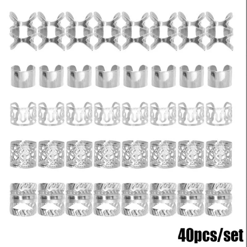 32-60PCS Human Hair Braiding Rings Kit — Gold, Silver & Wood Dreadlock Accessories Set for Men & Women Hair Styling