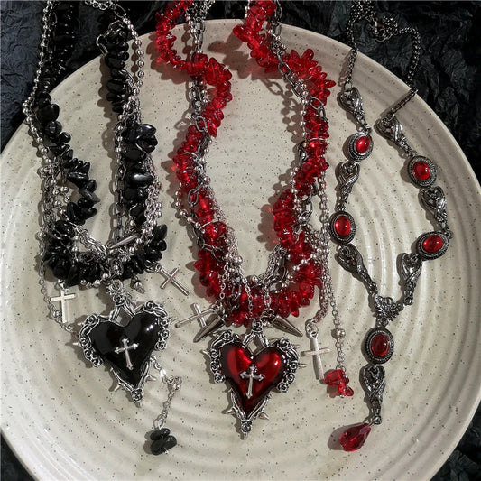 Goth Y2K Heart Cross Choker Necklace - Dark Red Stone Bead Punk Grunge Jewelry for Women Halloween Style