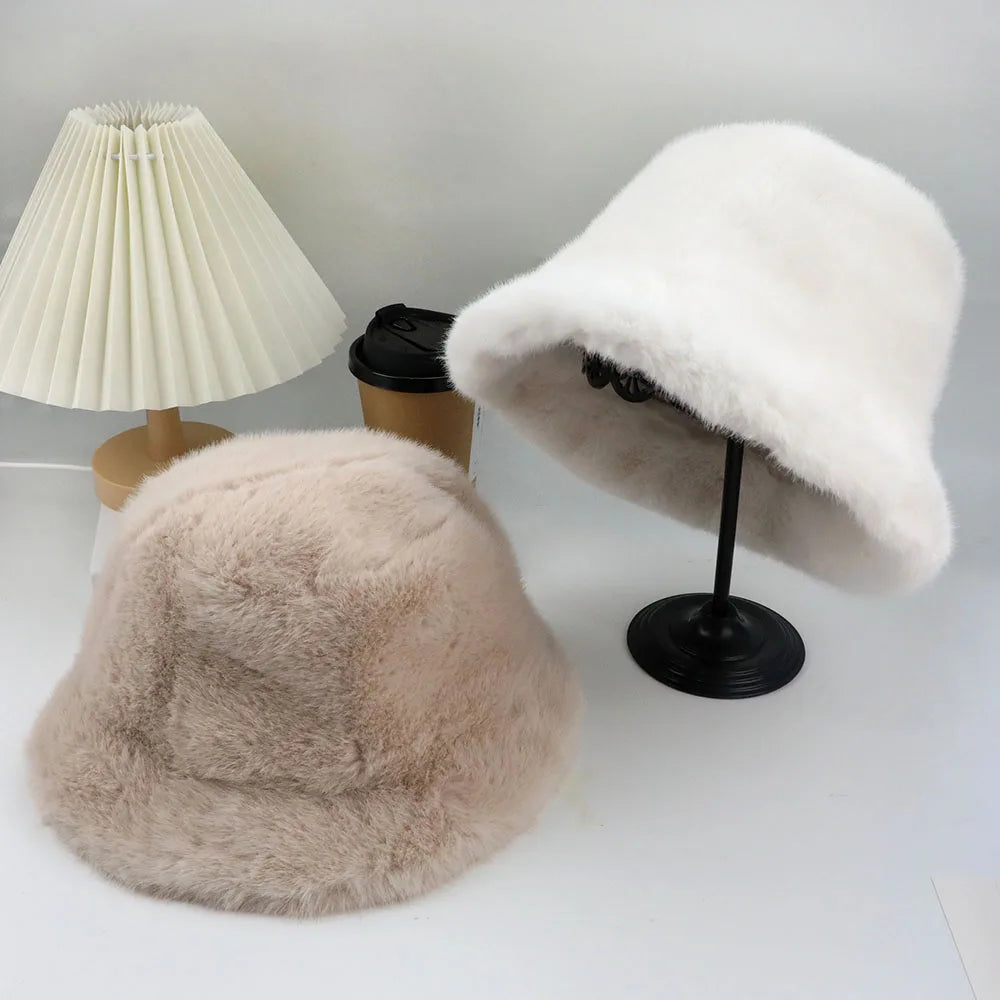 Fluffy Fur Fisherman Hat for Women – Winter Plush Ear Protection, Windproof Warm Solid Fashion Bucket Cap
