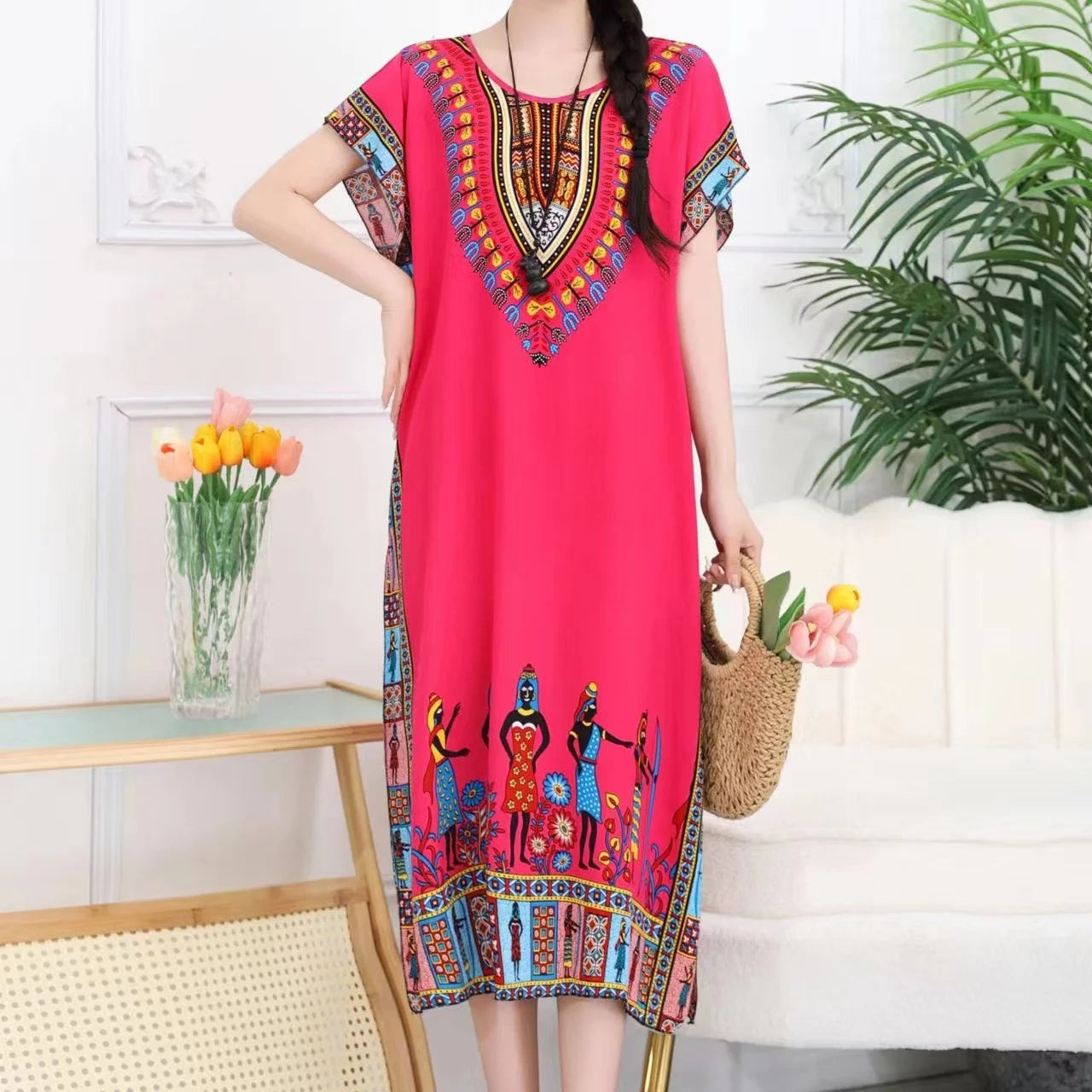 Women’s Bohemian Floral Tunic Dress - Retro Ethnic Print Batwing Sleeve Loose Summer Maternity Streetwear