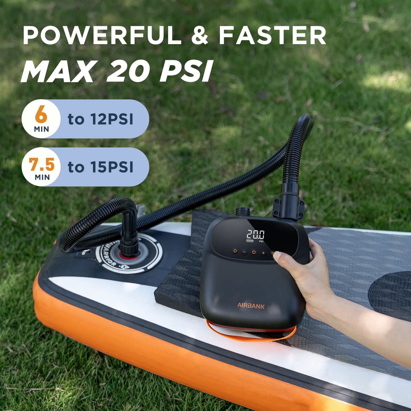 SUP Inflatable Pump — Rechargeable 20PSI Pump for PVC Kayaks, Kite Wings & Stand Up Paddle Boards