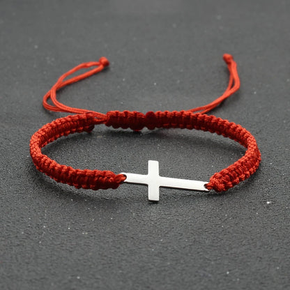 Adjustable Stainless Steel Cross Bracelet with Handwoven Colored Cord – Unisex Couple Friendship Jewelry