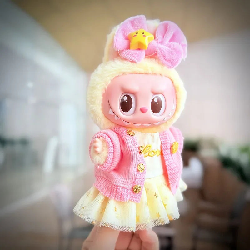 17cm Labubu Doll Clothes — Macaron Outfit Set with Hair Accessories | Cute DIY Gift for Kids