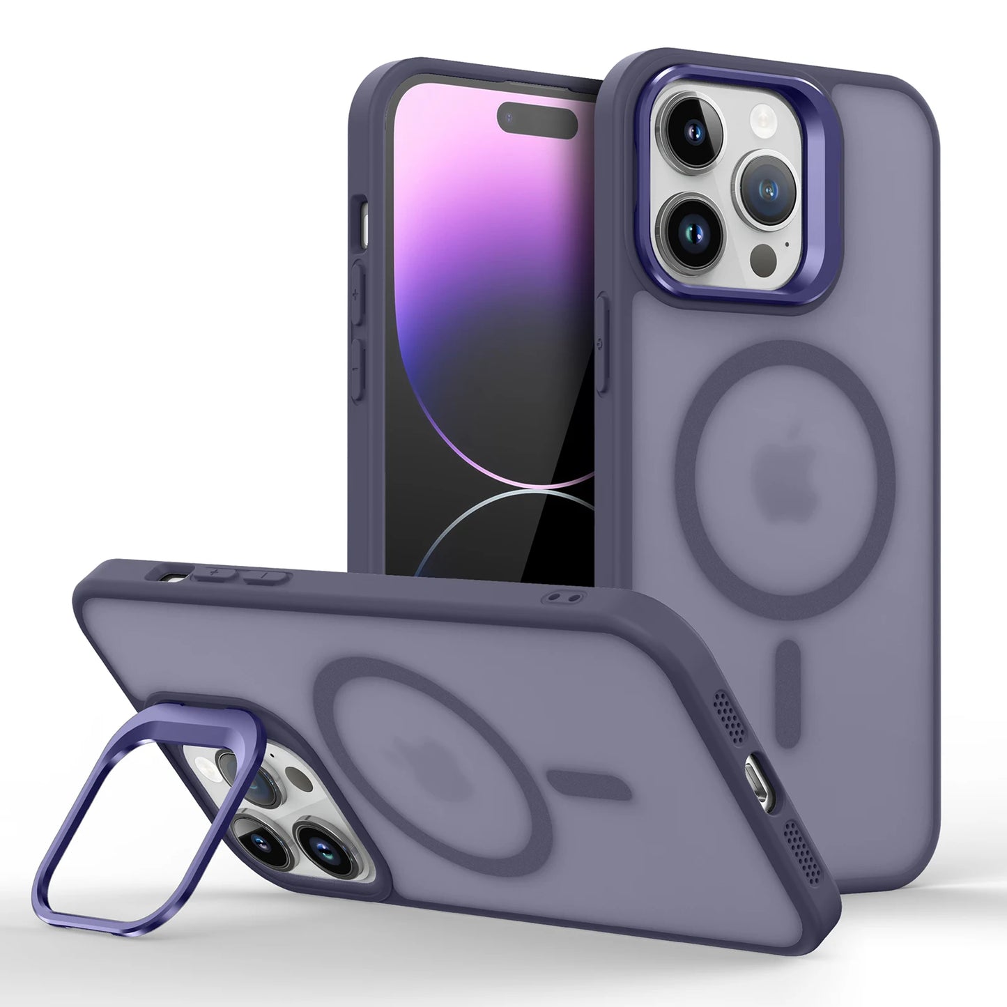 Magnetic Metal Lens Stand for iPhone 11–17 – MagSafe Compatible Matte Wireless Charging Case Holder