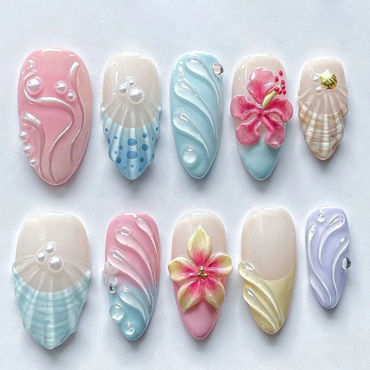 24PCS Strawberry Bow Press On Nails - Red Short Almond Pearl Starlight Floral False Nail Art Tips