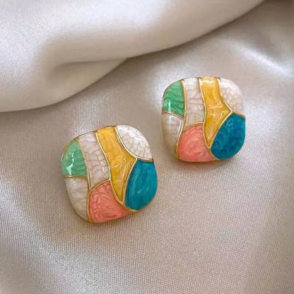 Colorful Square Patchwork Stud Earrings – Romantic Ear Jewelry for Women Christmas Gift