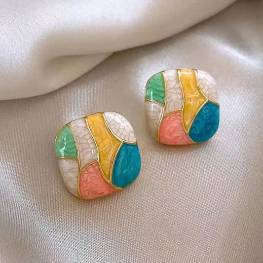 Colorful Square Patchwork Stud Earrings – Romantic Ear Jewelry for Women Christmas Gift