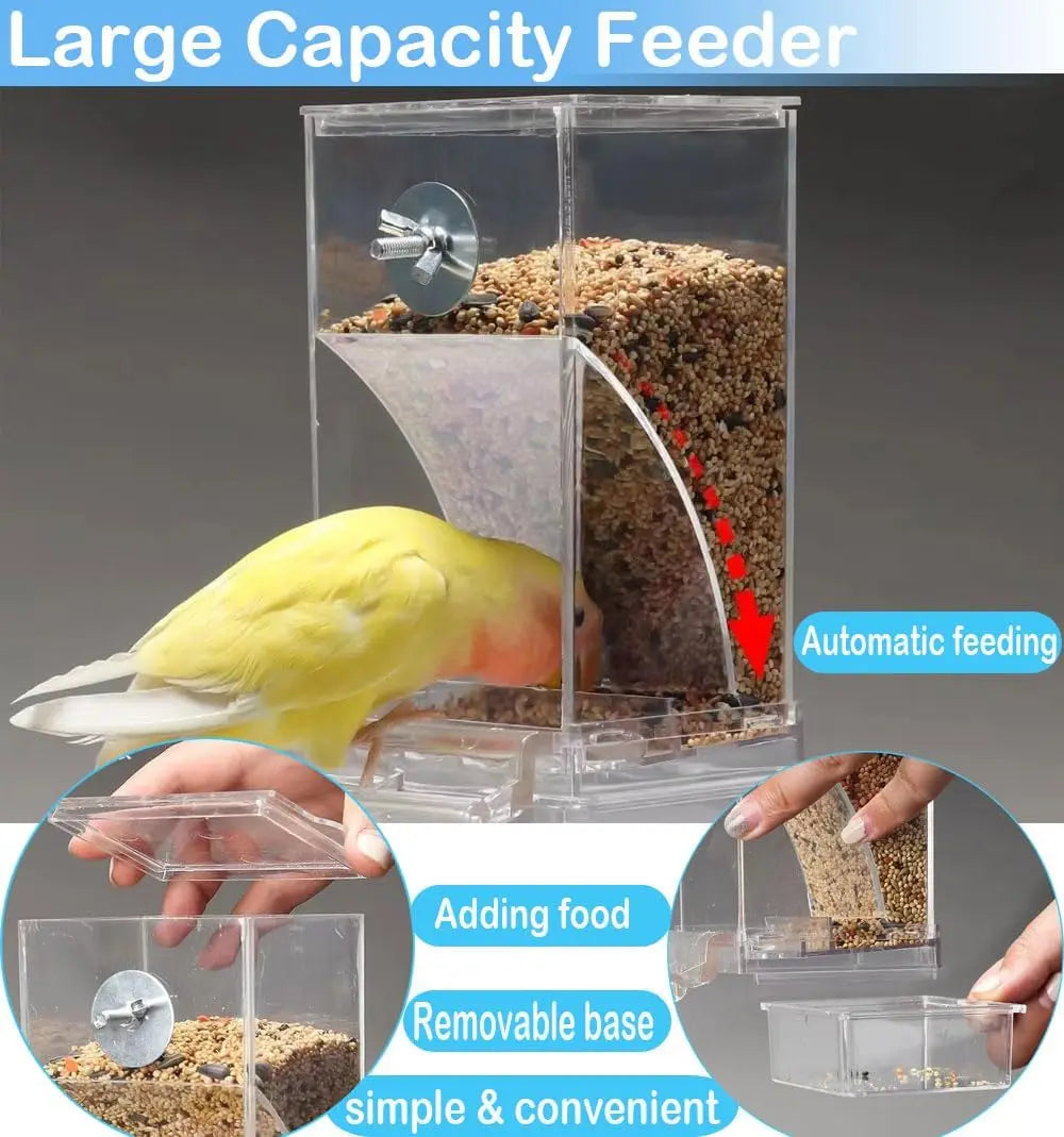 Automatic Bird Cage Feeder - Transparent No-Mess Anti-Spill Food Container for Parrots & Small Pet Birds