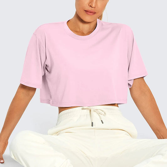 Harajuku Y2K Women’s Pink Crop Top – Casual Round Neck Loose Summer Tee