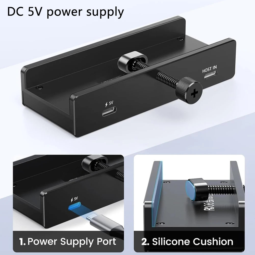 Aluminum 4-Port USB 3.0 Hub — High-Speed Clip Hub with Power Supply, 5–10Gbps Data Transfer, USB 3.2 for Mac & PC