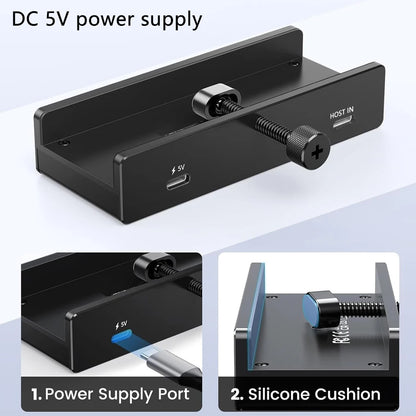 Aluminum 4-Port USB 3.0 Hub — High-Speed Clip Hub with Power Supply, 5–10Gbps Data Transfer, USB 3.2 for Mac & PC
