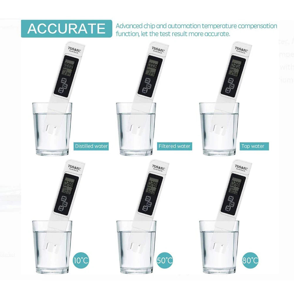 White Digital Water Quality Tester - TDS EC Meter, Multifunctional Water Purity & Temperature TEMP PPM Tester (0-9990 Range)