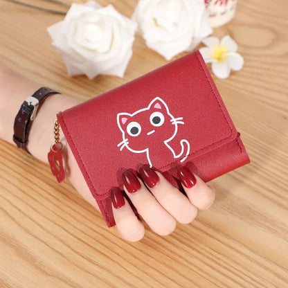 Women’s Cute Cat PU Leather Wallet — Small Short Card Holder Purse with Hasp, Fashion Money Bag for Girls & Gifts