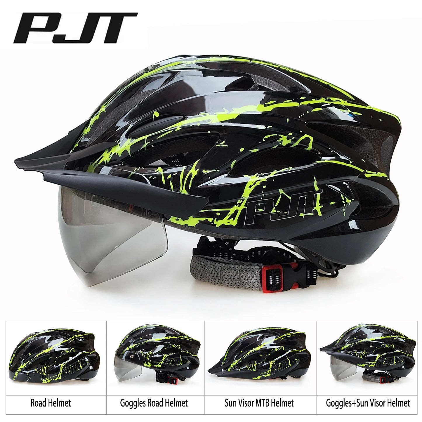 PJT 4-in-1 Lightweight Cycling Helmet - 18 Breathable Holes, Detachable Sun Visor & Goggles for Adults, Road & MTB Bike Helmet