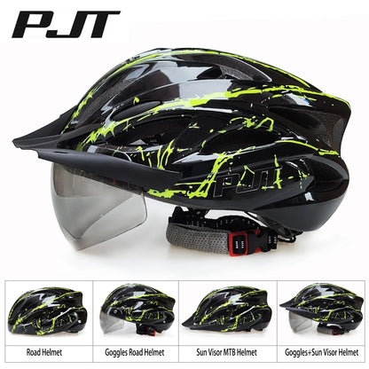 PJT 4-in-1 Lightweight Cycling Helmet - 18 Breathable Holes, Detachable Sun Visor & Goggles for Adults, Road & MTB Bike Helmet