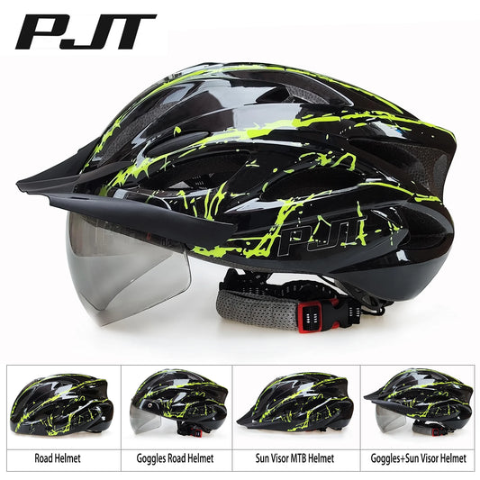 PJT 4-in-1 Lightweight Cycling Helmet - 18 Breathable Holes, Detachable Sun Visor & Goggles for Adults, Road & MTB Bike Helmet